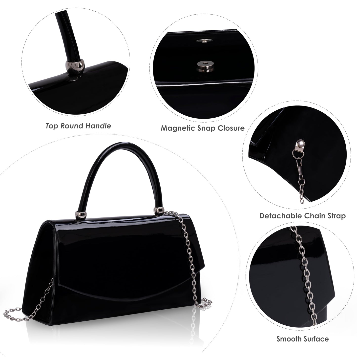 Larcenciel Patent Leather Evening Clutch Handbag, Classic Black Purses for Women w/Chain Strap & Magnetic Closure, Elegant Envelope Top Handle Party Bags for Wedding Formal Events Cocktail Party Prom