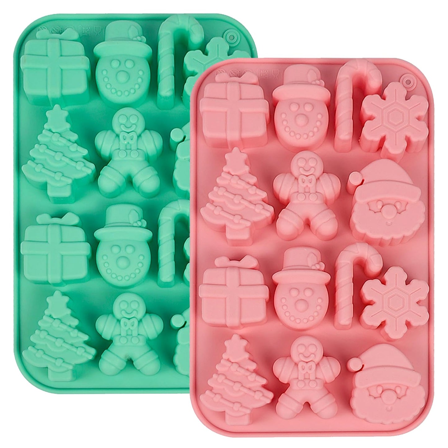 2PCS Christmas Silicone Cake Molds, 3D Christmas Chocolate Candy Molds, Snowflake Gingerbread Xmas Tree Cane Santa Snowman Shapes Baking Molds for DIY Candy Soap Jelly Ice Cube Tray Cake Topper
