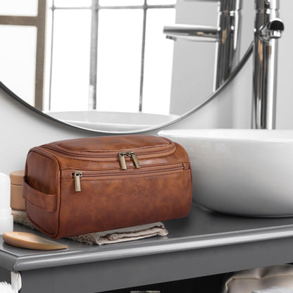 Seozata Toiletry Bag for Men, Hanging Travel Shaving Dopp Kit for Men and Women, Water-resistant Toiletries Organizer Bags, PU Leather Cosmetic Bags for Makeup Accessories (Light Brown)