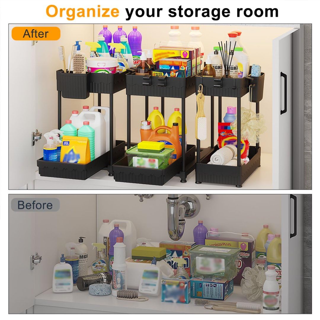 Sevenblue 3 Pack Under Sink Organizers, 2-Tier Multi-Use Kitchen and Bathroom Organizers and Storage with Sliding Drawers，Bathroom Cabinet Organizer (Black, 12.8 Inch)