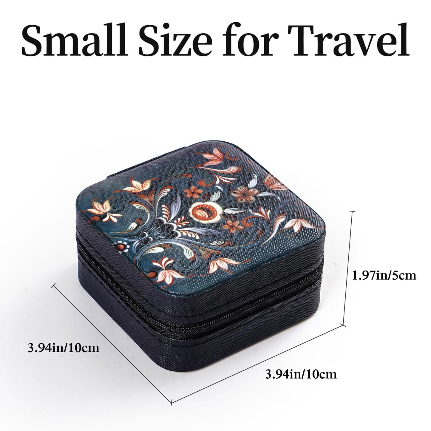 Artinhand Norwegian Rosemaling Folk Style Small Travel Jewelry Case with Mirror Portable Black PU Leather Box Earrings Necklaces Rings Bracelets Storage Organizer Gift for Women And Girls