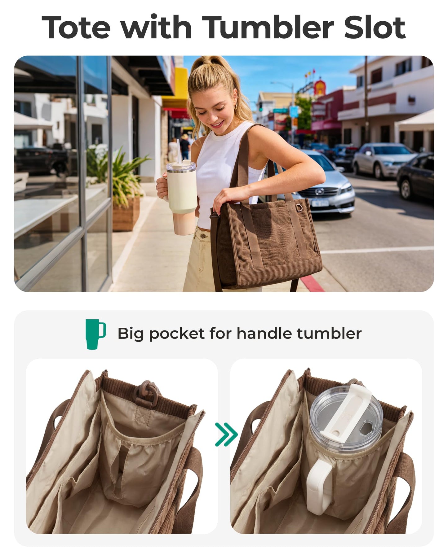 BAGSMART Corduroy Tote Bag for Women Work, Small Bible Mom Bag w/ 40oz Tumbler Holder, Padded 14" Laptop Bag for Teacher, Nurse Daily Commute