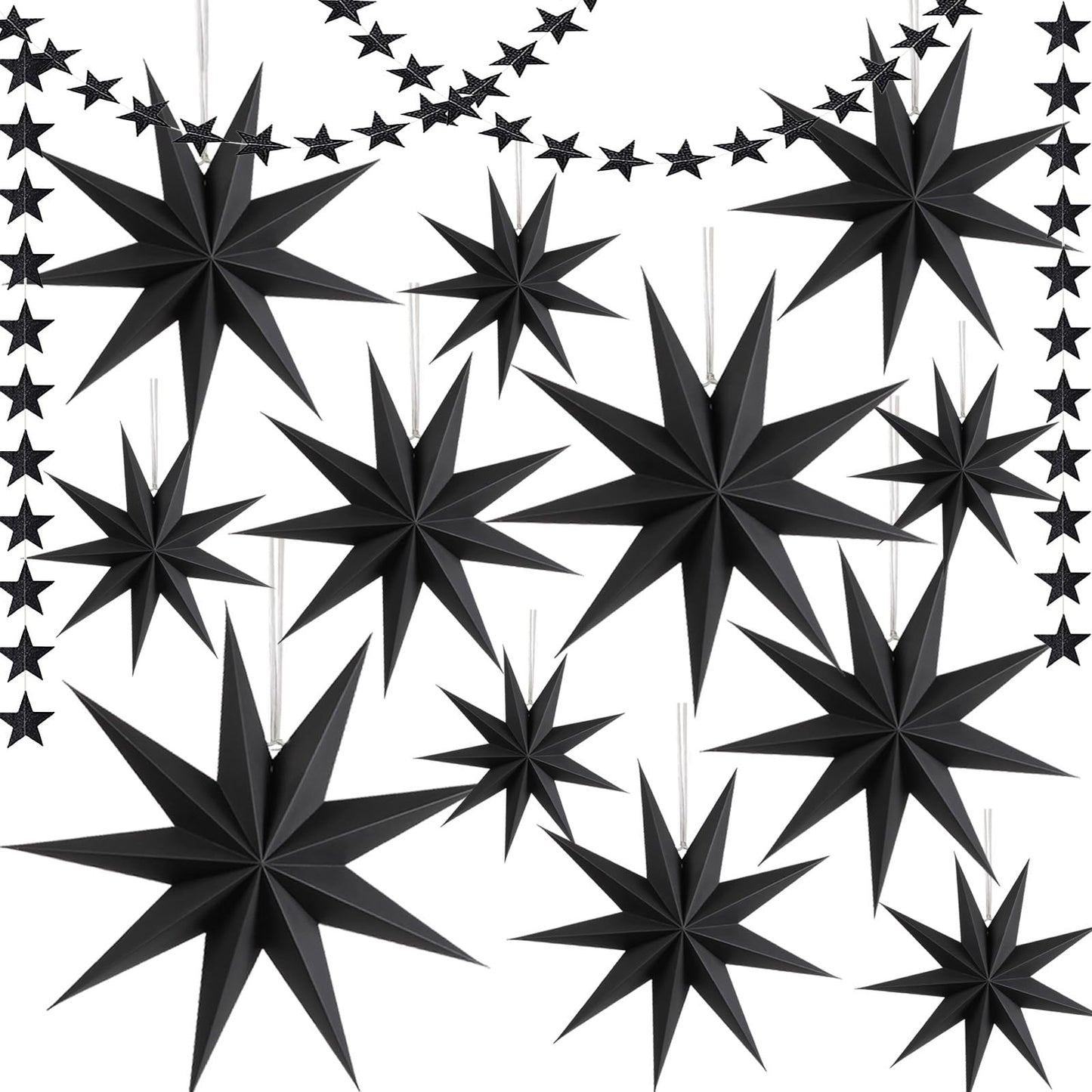 WNSIRVY 12 Pack 9-Pointed Large 3D Paper Star Lanterns Black Hanging Lanterns with Glitter Star Garland for Halloween & Christmas Parties & Weddings & Birthdays