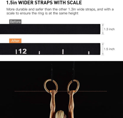 PACEARTH Gymnastics Rings Wooden Olympic Rings 1500/1000lbs with Adjustable Cam Buckle 14.76ft/9ft Long Straps with Scale Non-Slip Gym Rings for Home Gym Full Body Workout