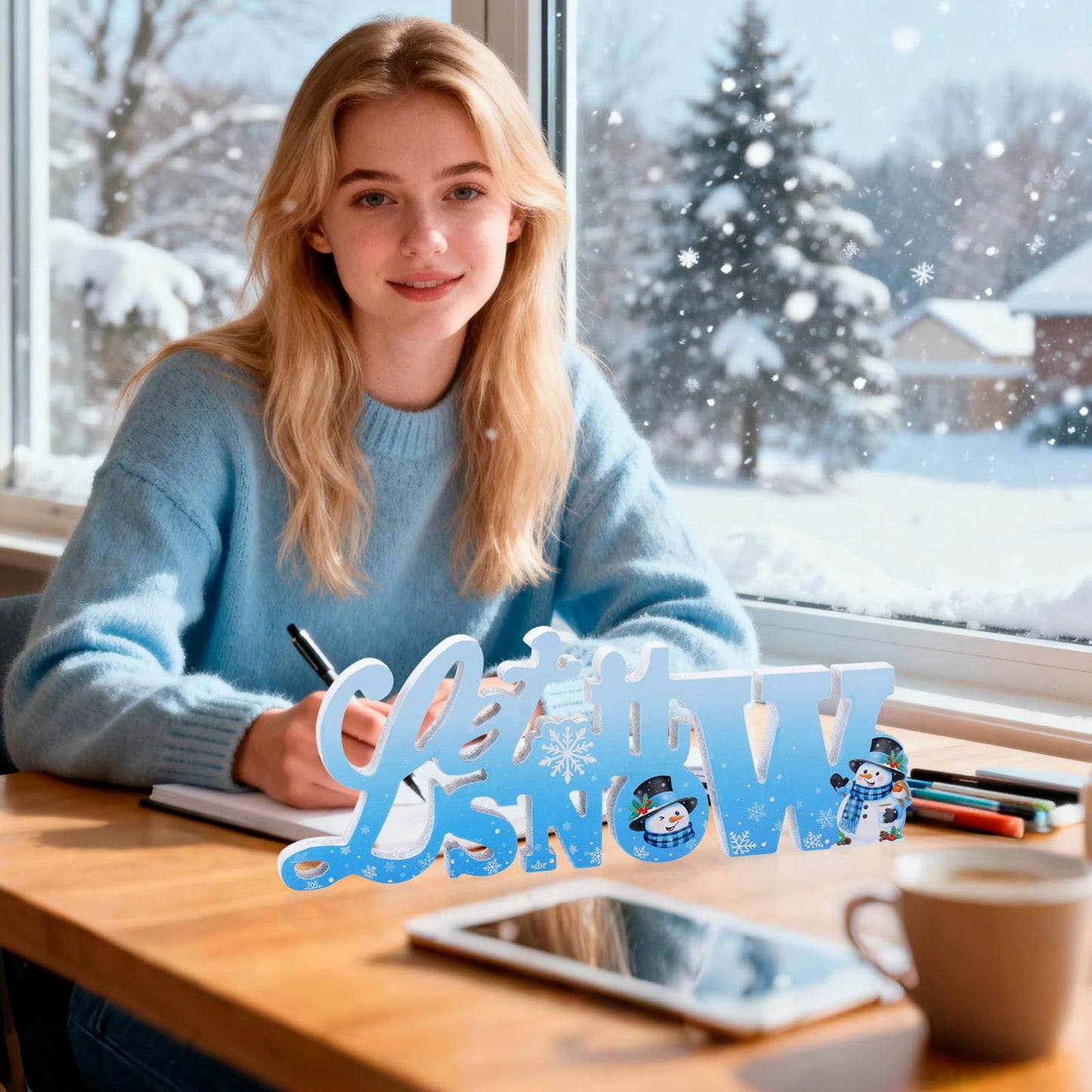 HOWAF 2pcs Wooden Winter Decor Signs, Let It Snow Tabletop Block Sign, Hello Winter Table Centerpiece, Snowflake Snowmen Ornaments for Winters Wonderland Decor Xmas Frozen Tiered Tray Decor