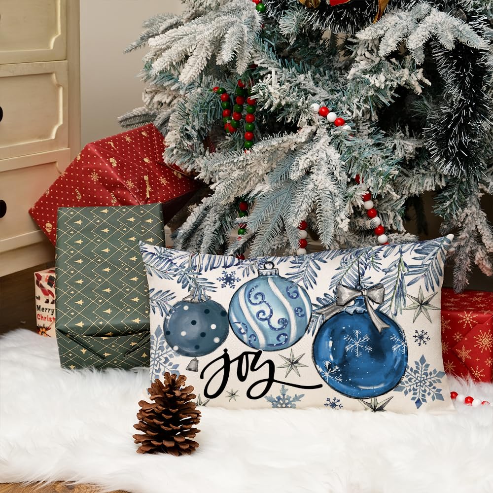AACORS Christmas Pillow Cover 12X20 Inch Baubles Christmas Tree Stars Joy Decoration Holiday Farmhouse Winter Pillow Case for Sofa Couch Decor（Blue） AA614-12