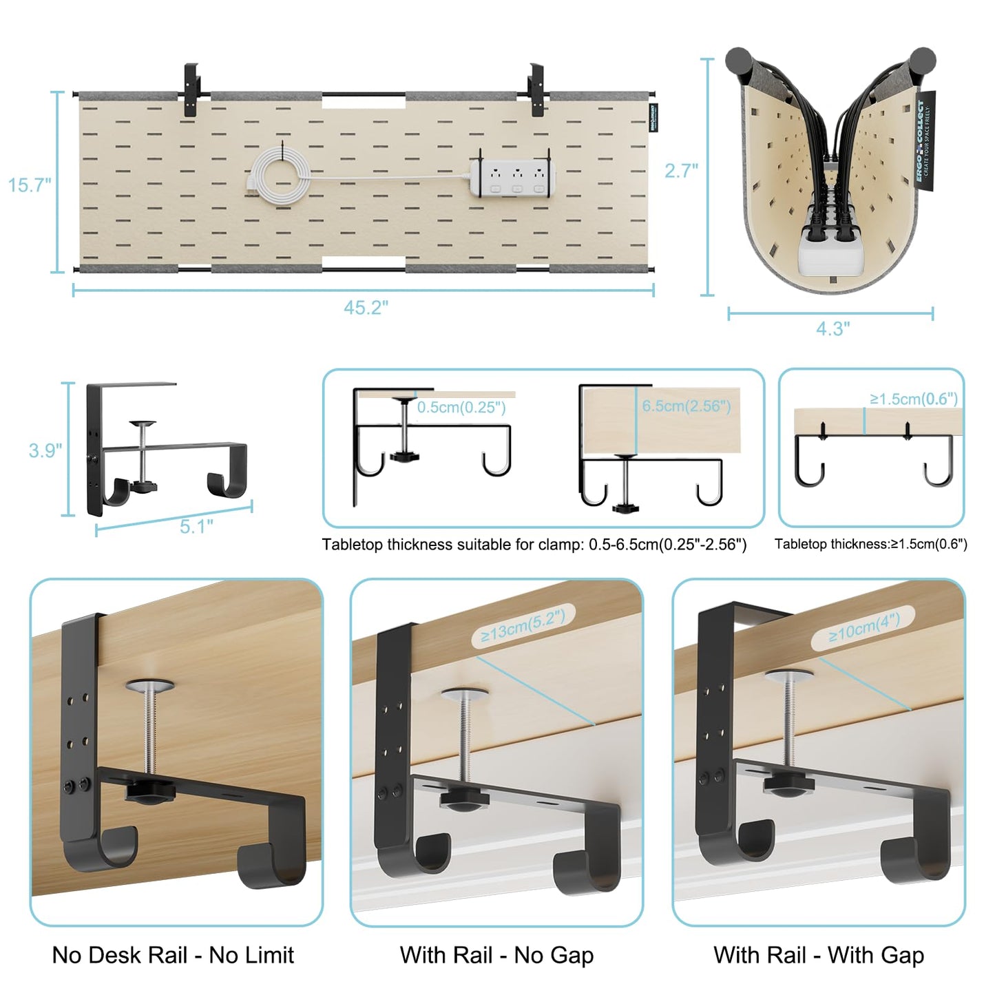 2-in-1 Under Desk Cable Management Tray & Privacy Panel, Dual-Sided Felt Cord Organizer to Hide Wires and Clutter, Desk Mount Cord Holder for Office and Home, Clamp or Screw Mount (Gray/Khaki, 45.2")