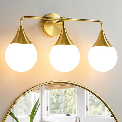Bathroom Vanity Light Fixtures: 3-Light Mid Century Modern Bathroom Lighting Fixtures Over Mirror - Brass Gold Wall Sconce with Milky White Globe Glass for Bath Living Room