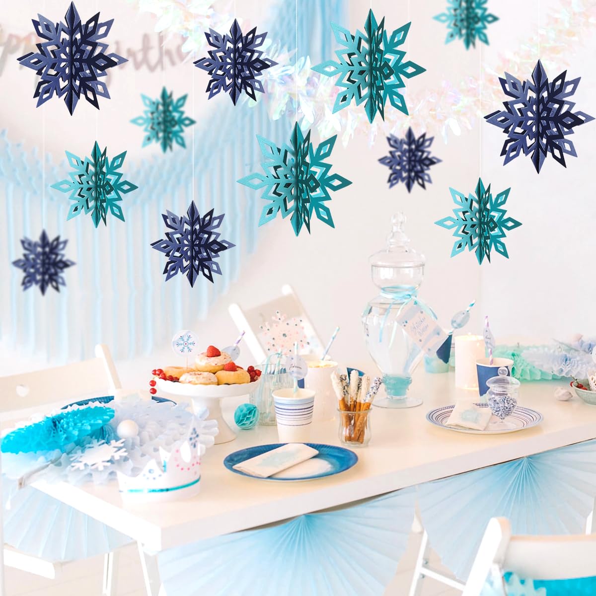 Winter Snowflake Hanging Decorations - 3D Large Blue Snowflakes Paper Hanging Garland for Christmas Winter Wonderland Holiday New Year Party Home Decoration 12PCS (Blue&Light Blue)