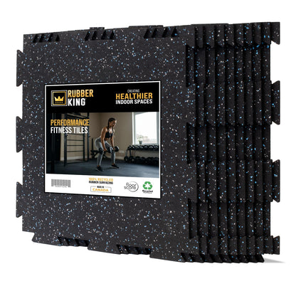 Rubber King 10 Piece Interlocking Tiles 19" x 19" x 6mm - 100% Recycled Rubber Gym Floor Tiles, Exercise Mat for Home Gym, Anti-Slip Low-Odor Interlocking Puzzle Floor Tiles - 23.5sq ft - Blue/Grey