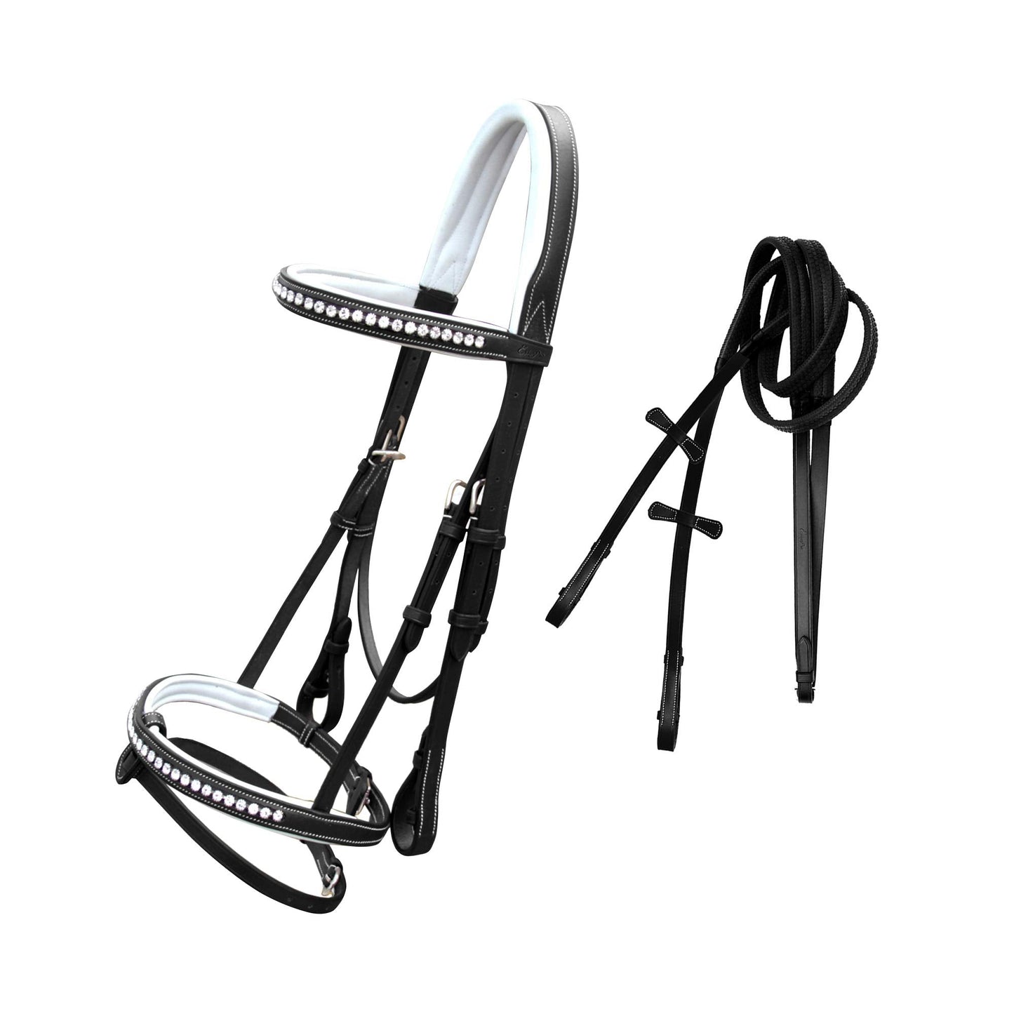 Exion White Shine Blings & Browband & Snaffle Bling Noseband & White Soft Lined Padded Bridle & Rubber Reins. | Browbands with Bling | Bling Browbands | English Tack for Horses