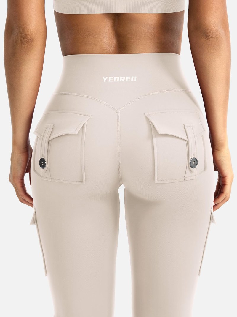 YEOREO CoreFlex Women Workout Flare Leggings with Pockets Scrunch Cargo Gym Yoga Leggings Light Khaki M