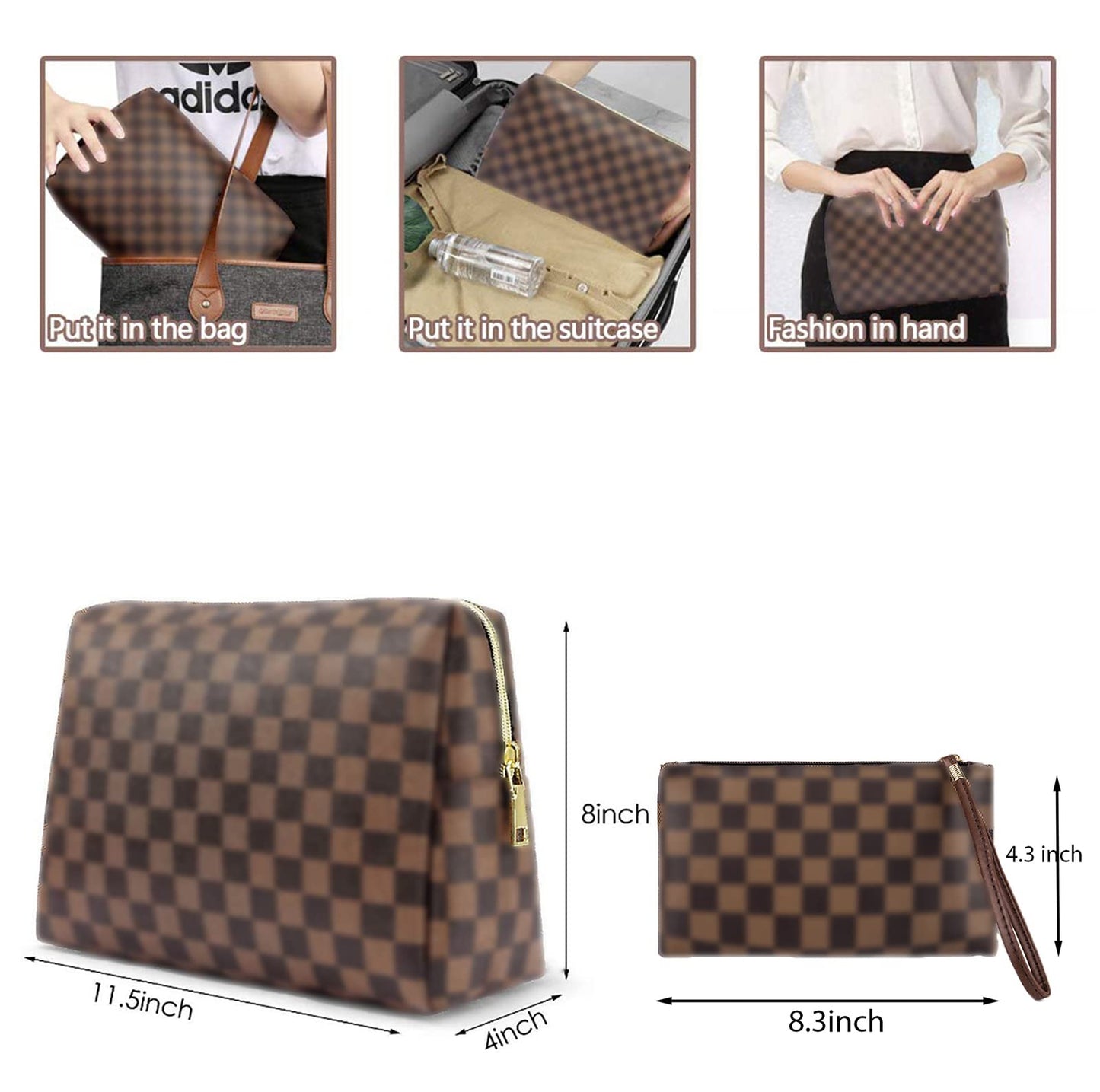 BAGCRAZY Checkered Makeup Bag Set, Elegant Travel Cosmetic Bag 2 Pack, Waterproof PU Leather Makeup Organizer with Zipper for Women