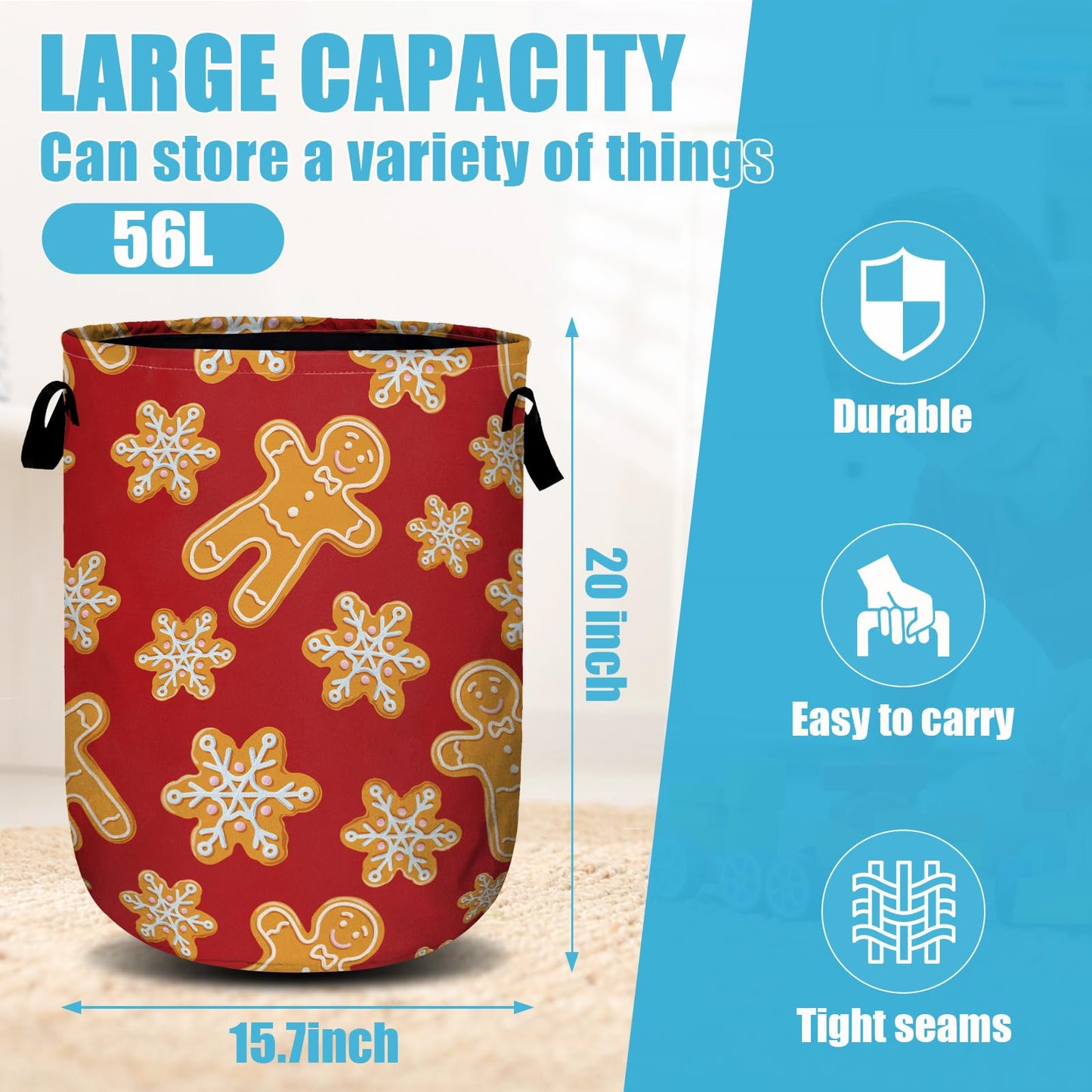 Red Gingersnap Laundry Basket, Christmas Laundry Hamper Collapsible Oxford Cloth with Handle Clothes Storage Bin for Bathroom Laundry Room Bedroom 15.7 X 20 Inch