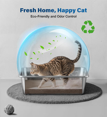 Qiuma Stainless Steel Litter Box with Handle, Large Metal Cat Litter Box with High Sided for Big and Small Cats, Kitty Litter Boxes, Non-Stick, Easy to Clean, Odor-Free, Small Cat Toilet