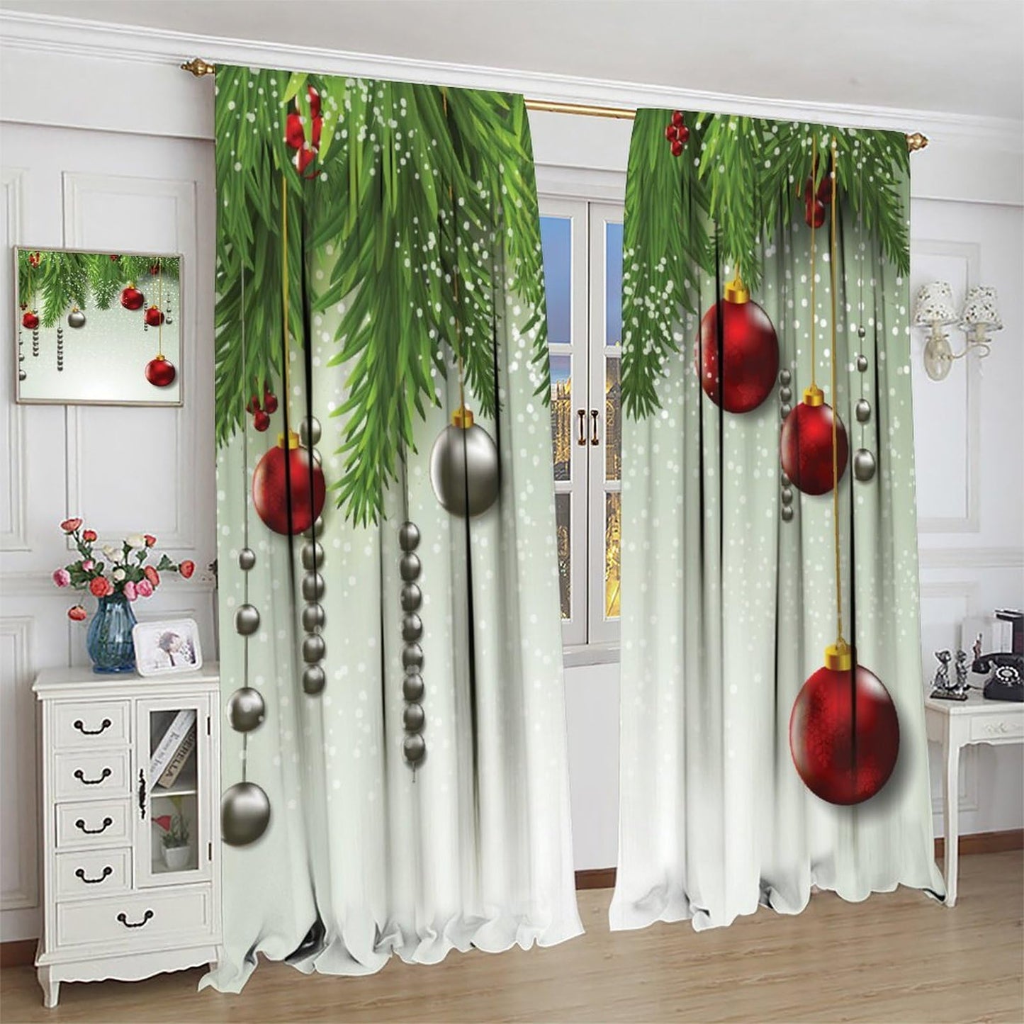 Christmas Curtain Decor Ball Coniferous Pine Tree Twig Tinsel Merry Xmas Window Treatment for Living Room Bedroom Dining Home Decor Window Drapes 42" W X 45" L