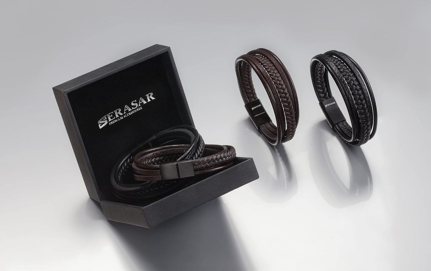 SERASAR Mens Bracelet - Black Bracelet Leather Cowhide Gift-Box Braided Stainless Steel Jewelry Wrist-Band Cuff Wrap Rope Bangle Dad Man Pulseras para Hombres Cuero Regalo