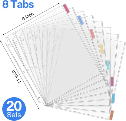ReliThick 12 Set of 96 Pack Clear Sheet Protectors 8.5 x 11 Inch Page Protector for 3 Ring Binder with 8 Tabs Plastic Dividers for 3 Ring Binder, Insertable Index Page Divider Multicolor Tabs