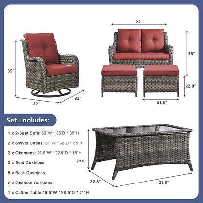Rilyson Wicker Patio Furniture Set - 6 Piece Rattan Outdoor Sectional Conversation Sets with 2 Swivel Rocking Chairs,2 Ottomans,1 Loveseat and 1 Coffee Table for Porch Deck Garden(Mixed Grey/Red)