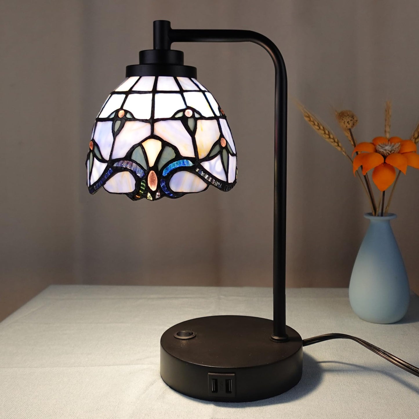 HomeBeauty TL0016 Tiffany Style Stained Glass Table Lamp with USB Charging Ports, Desk Lamp with Blue Baroque Lamp Shade, Retro Nightstand H 14.5" for Bedroom Office, LED Bulb Included (Blue)