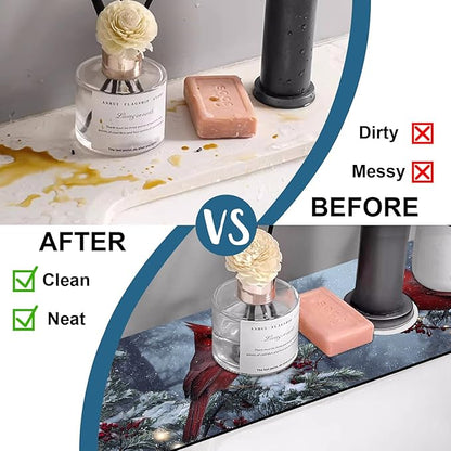 Christmas Winter Kitchen Sink Splash Guard Faucet Mat Cardinal Super Absorbent