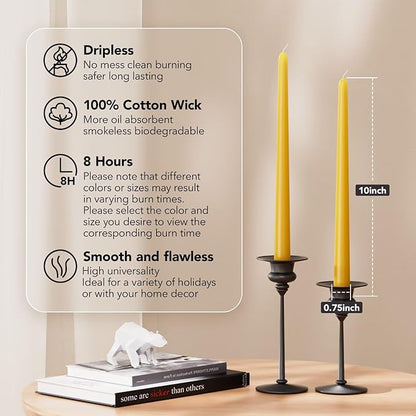 10-Inch Tall Dripless Taper Candles Set of 4 - Mustard Yellow Tapered Candles, Perfect for Spring - Smokeless, Unscented, Long Burning - Hand Poured, Colored Tall Candlesticks - Mustard