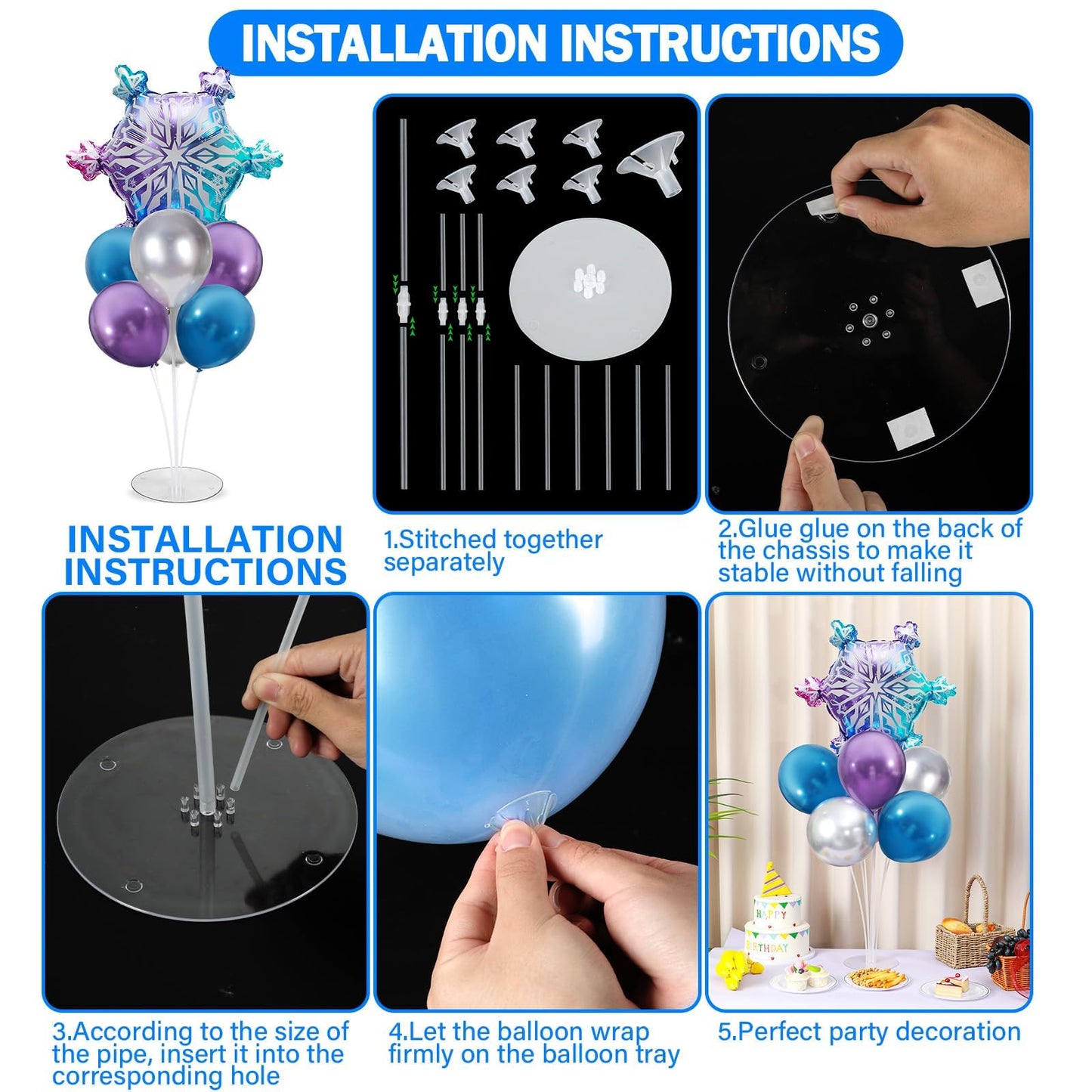 4 Sets Snow Party Balloons Stand Kit with Snowflake Foil Balloons Purple Blue Silver Party Balloon Centerpiece for Tables for Girl Princess Winter Wonderland Themed Birthday Baby Shower Decorations