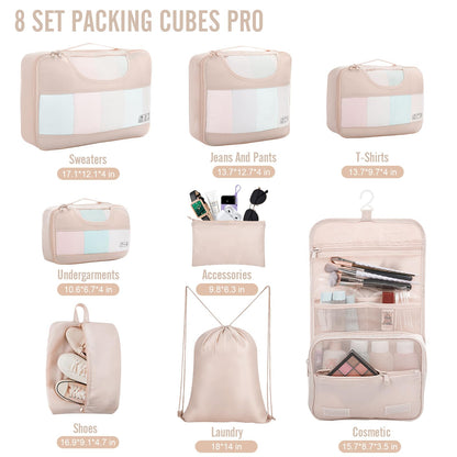 Veken 8 Set Packing Cubes for Travel, Beach Vacation Essentials Accessories for Cruise Ship, Suitcase Organizer Bags for Luggage with Hanging Toiletry & Shoe Bag, Birthday Gifts for Women Mom Her