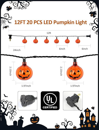Bright Halloween Pumpkin String Lights, 12ft 20 LED UL Listed String Lights, Easy Plug-in & Connectable for Instant Indoor/Outdoor Party Atmosphere & Porch Decor