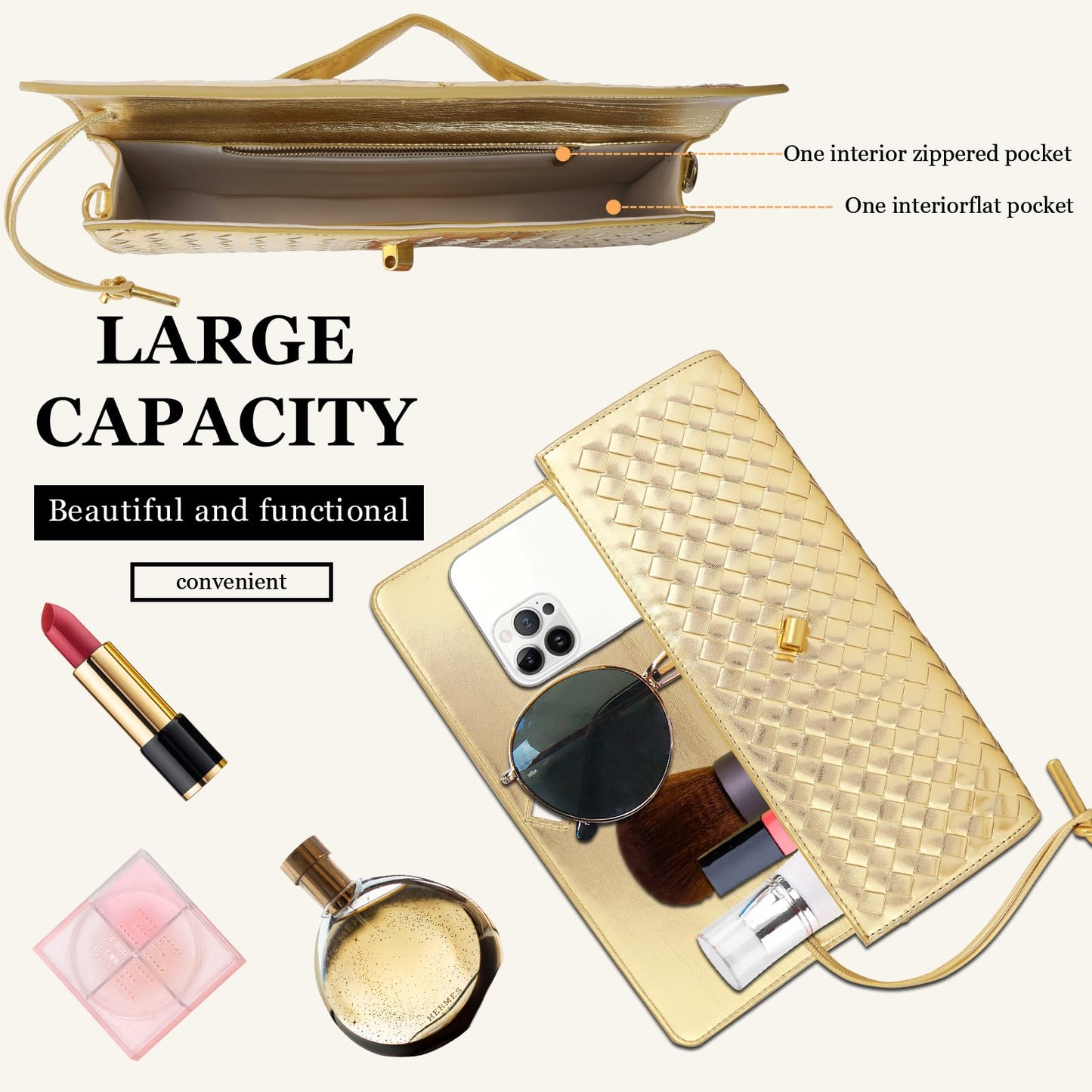 EGCUQ PU Leather Woven Gold Purse,Wedding Clutch,Woven Gold Clutch Purses For Women 11.8" x 1.7" x 4.9"