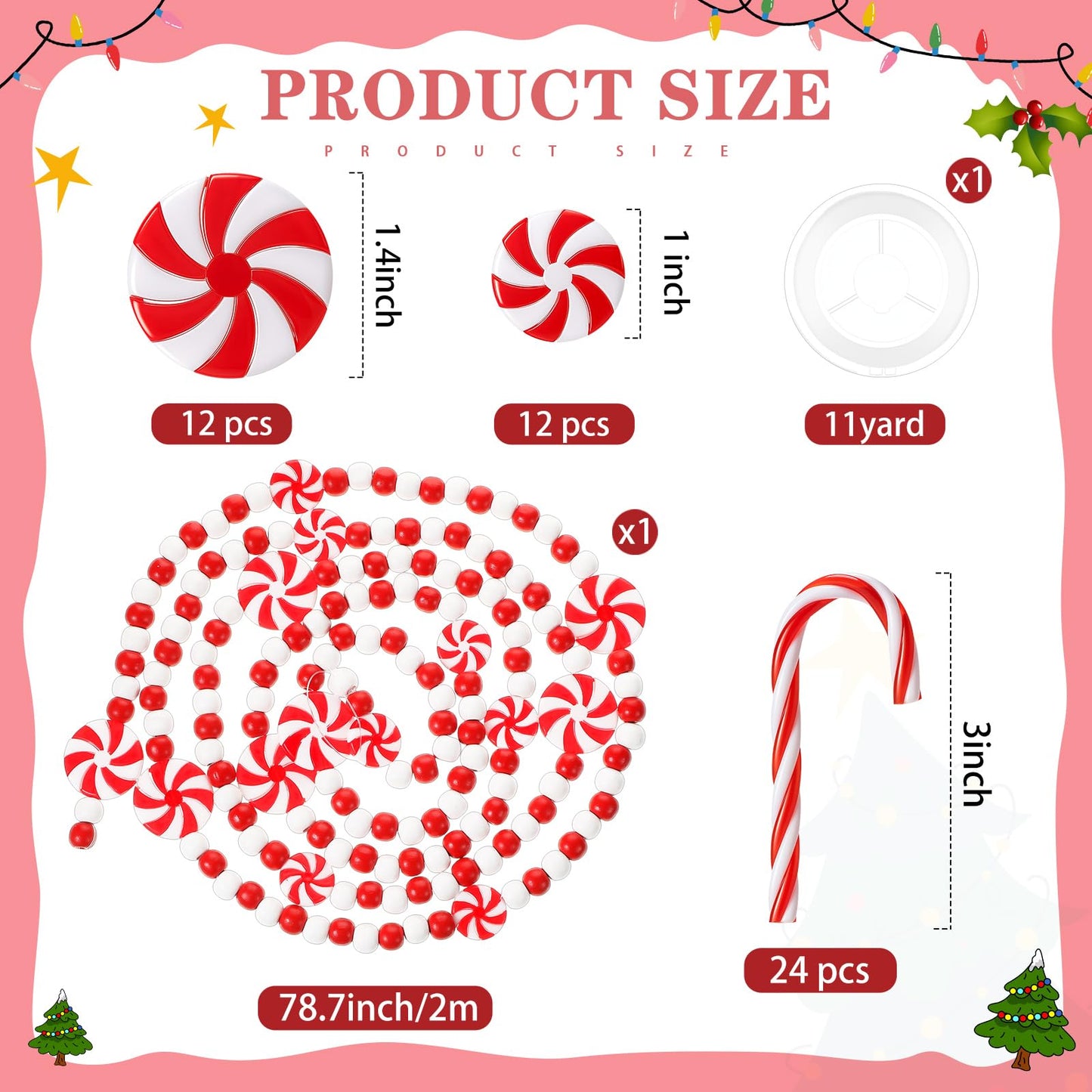 WILLBOND 49 Pcs Christmas Candy Canes Ornament Gift 5 Yards Wired Christmas Ribbon Fake Candy Hanging Ornament with Crystal Wire Red White Stripes Ribbon for Xmas Party Xmas Home Decor(Beaded Garland)