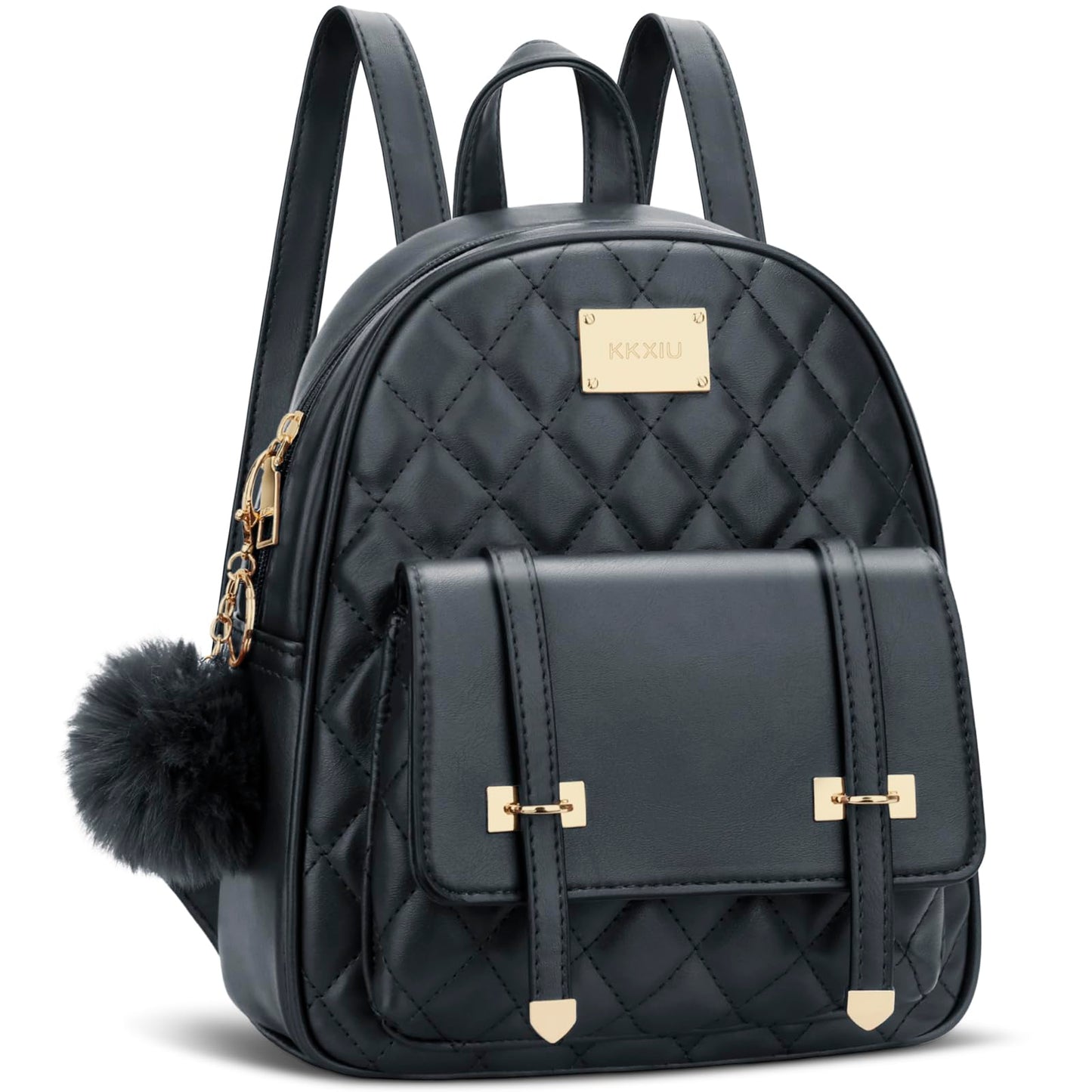 KKXIU Girls Small Backpack Purse Vegan Leather Quilted Mini Daypack for Women Trendy Bookbag (Black)