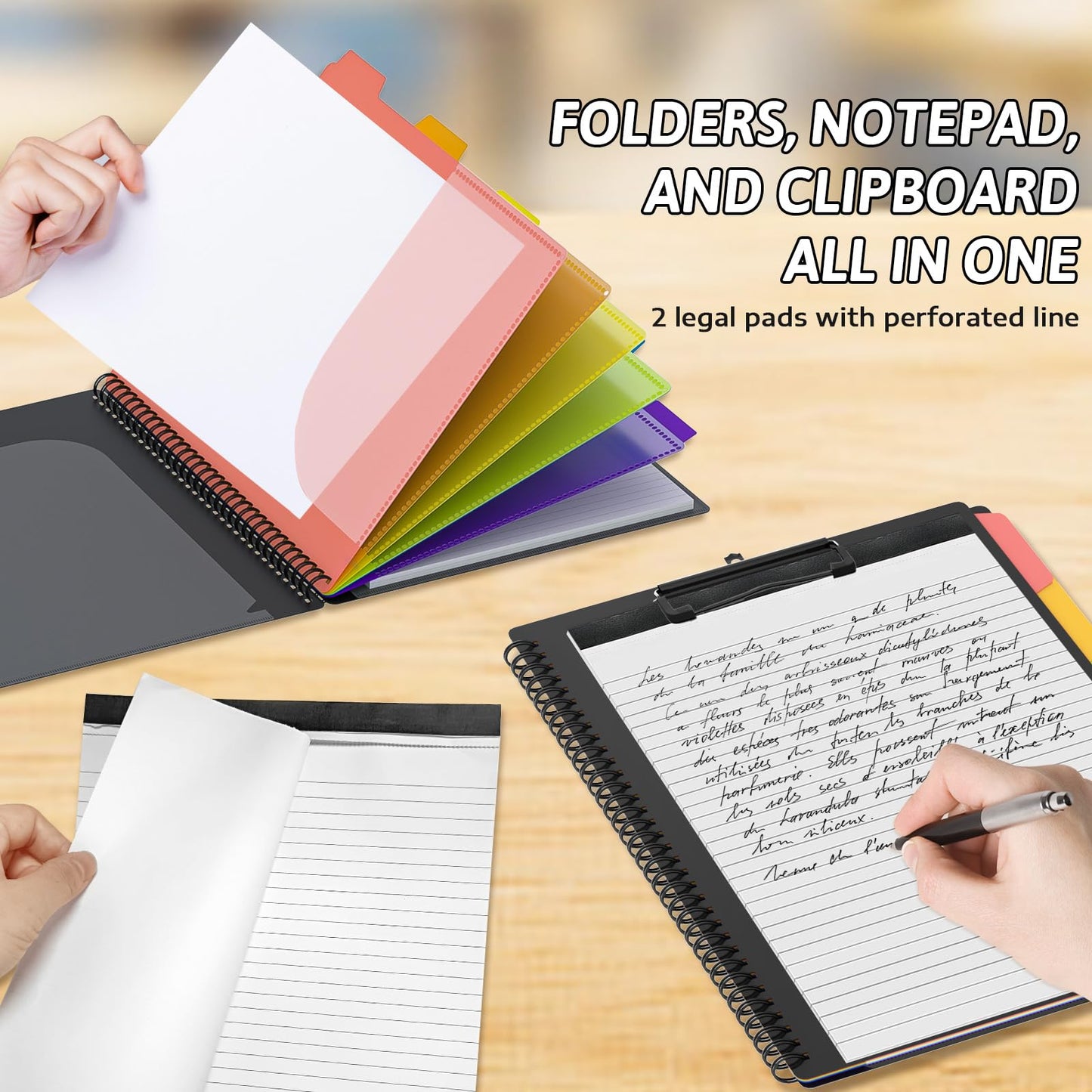 Nordun Plastic Clipboard Folio Folders with 2 Legal Pads for Letter Size,Hardcover Storage Clipboards,6 Extra Plastic Colour Dividers with 12 Pockets,for Office Nurses School