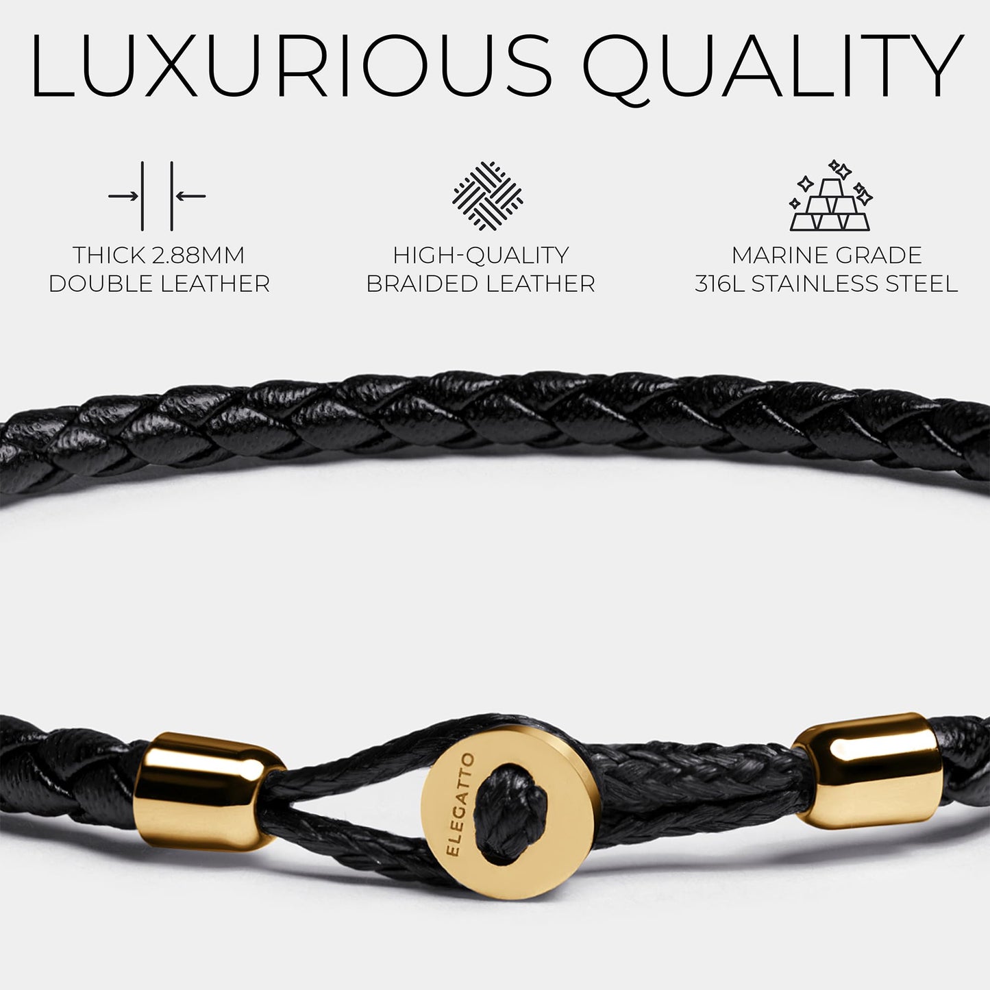 Elegatto Uno Premium Braided Leather Bracelet for Men | Full-Grain Leather with 18k Gold-Plated Stainless Steel Closure | Men’s Designer Bracelets | Gold Large