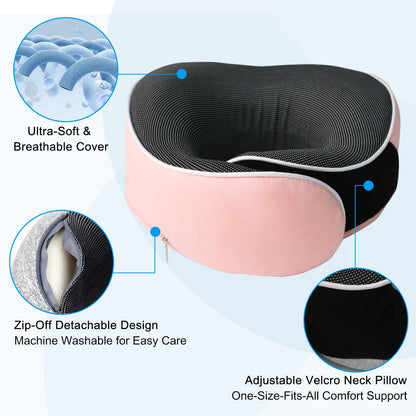 Neck Pillow for Travel, Airplane Memory Foam Plane Pillow Adjustable 12-18", Lightweight Breathable Flight Pillow with Pouch, Office & Car Use, Durable Washable Fabric Pink