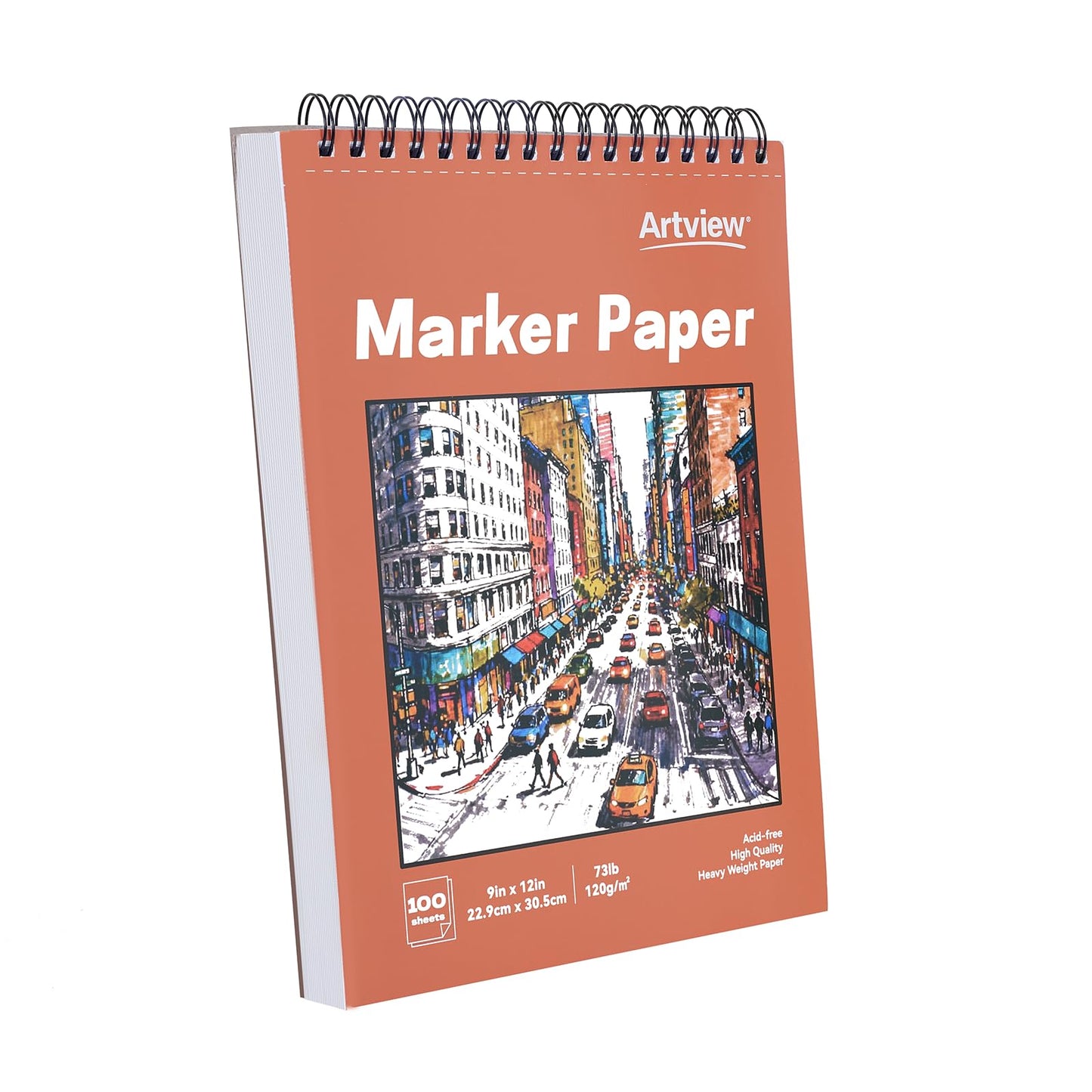 Artview 9" x 12" Marker Paper Pad, 100 Sheets, 73 lb/120 GSM Heavyweight Spiral Marker Paper, Bleed-Resistant for Alcohol Markers, Dual-Sided Drawing & Painting for Adults and Kids