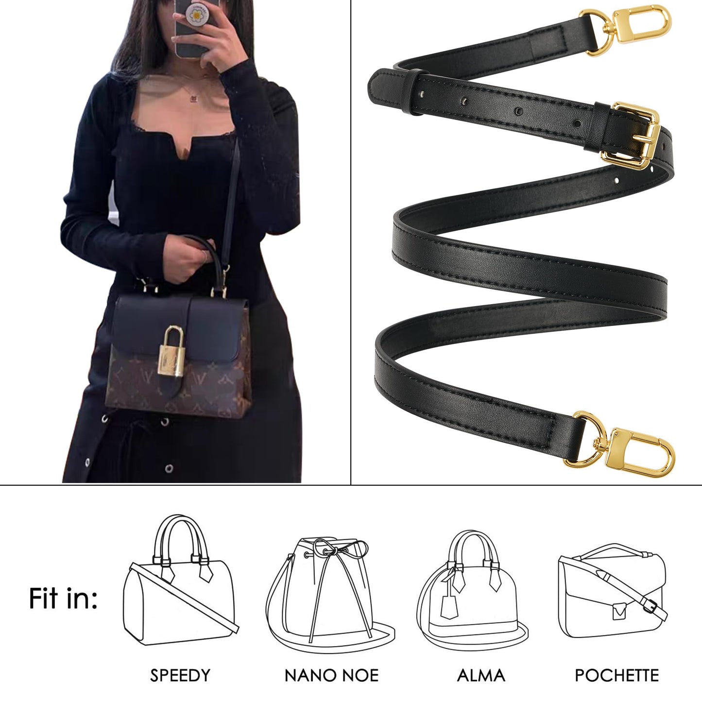 RICLVS Genuine Vachetta Leather Crossbody Strap Genuine Leather Adjustable Replacement Strap for Shoulder Bag Handbag Purse (Black)