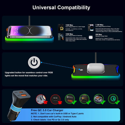 Wireless Car Charger Pad, REESTECQI 15W RGB Wireless Charger for Car Type C Non Slip Charging Pad for Car Compatible with Airpods iPhone 16/15/14/13/12,Samsung Google (30CM Cable)