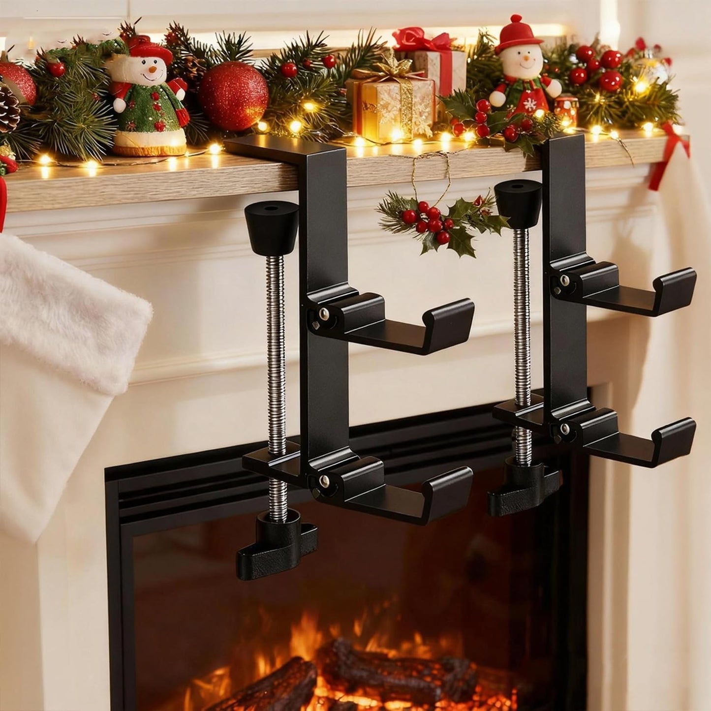 Clarmonde 4 Pack Stocking Holders for Mantle for Christmas Decorations,2 in 1 Mantle Garland Holder for Hanging Christmas Stockings,No Drilling Required & Adjustable Garland Hanger, Metal (4 Black)