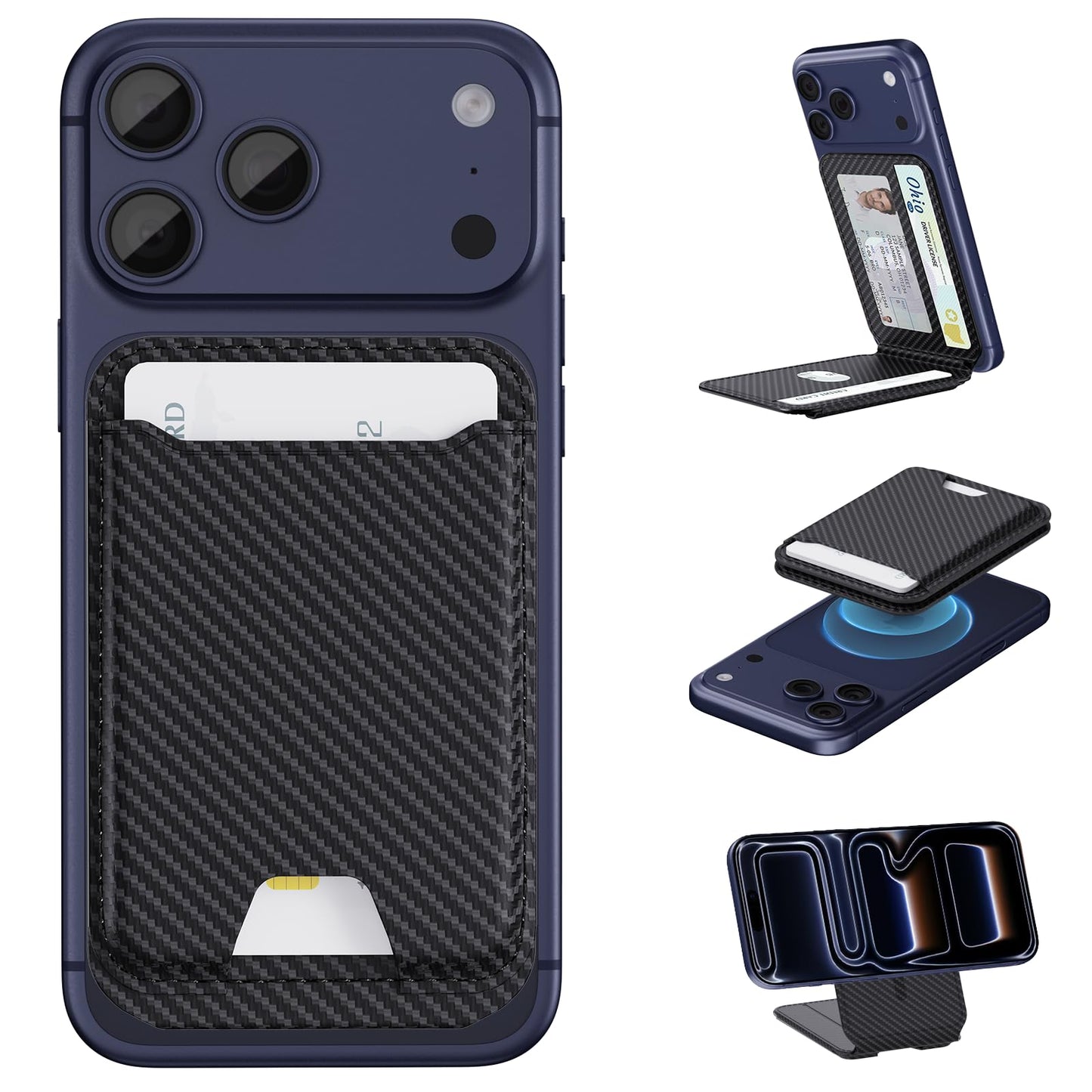 TopMade for MagSafe Wallet with Adjustable Stand, Magnetic Phone Card Holder for iPhone 17/16/15/14/13/12 Series, RFID Blocking Premium Leather, ID Window, Holds 5 Cards, Black Carbon Fiber