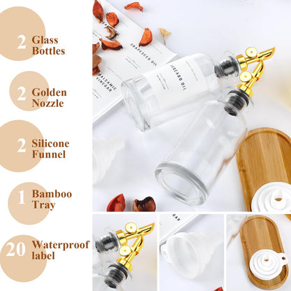 GIXSEGIE Olive Oil Dispenser Bottle with Bamboo Tray, Metal Pour Spout, Coffee Syrup & Cooking Oil Dispenser for Kitchen