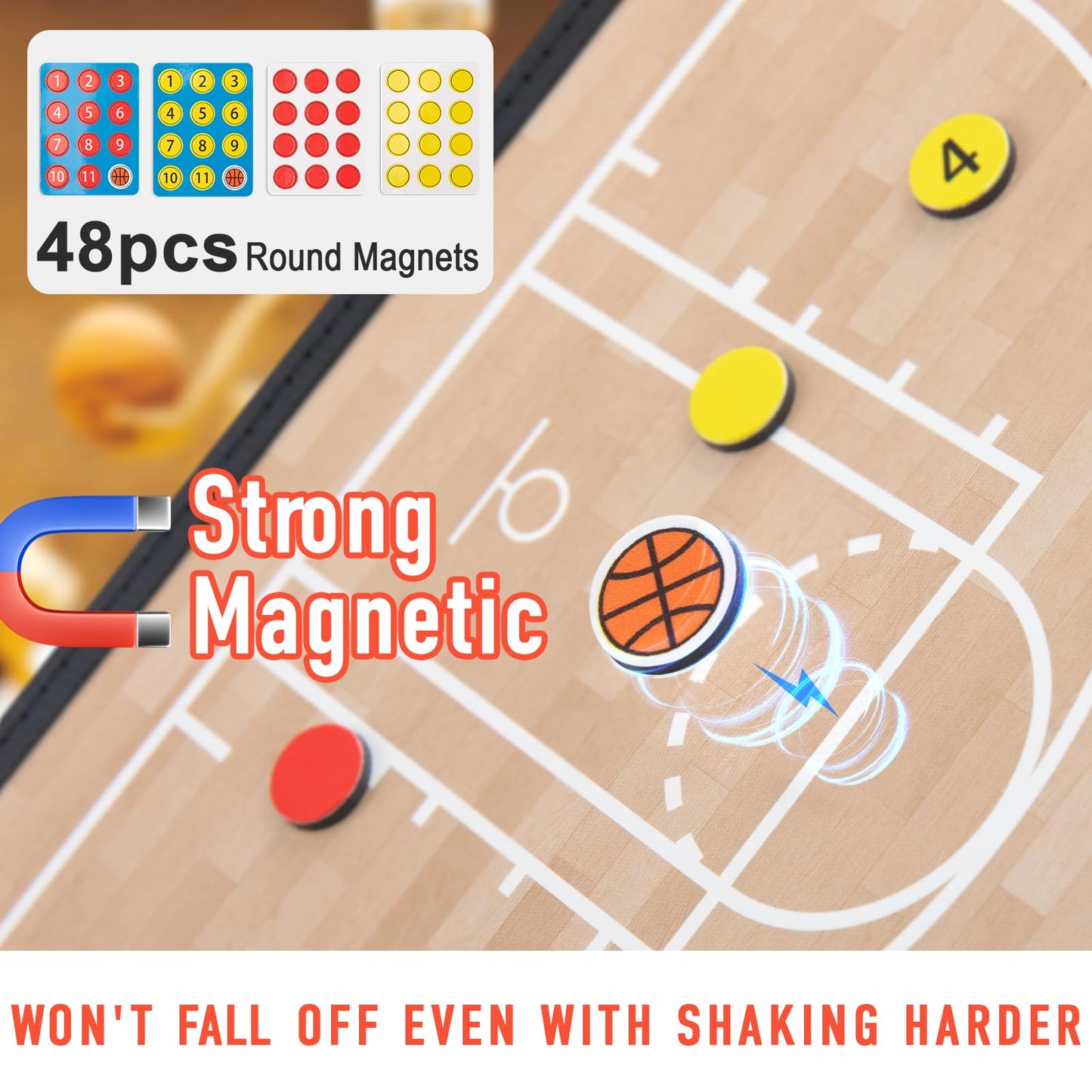 WISYOK Leather Covered Magnetic Basketball Lineup Board, Foldable and Portable Clipboard for Coaches with 48 Cards, 2 Markers, 4 Hooks and 1 Organizer Bag