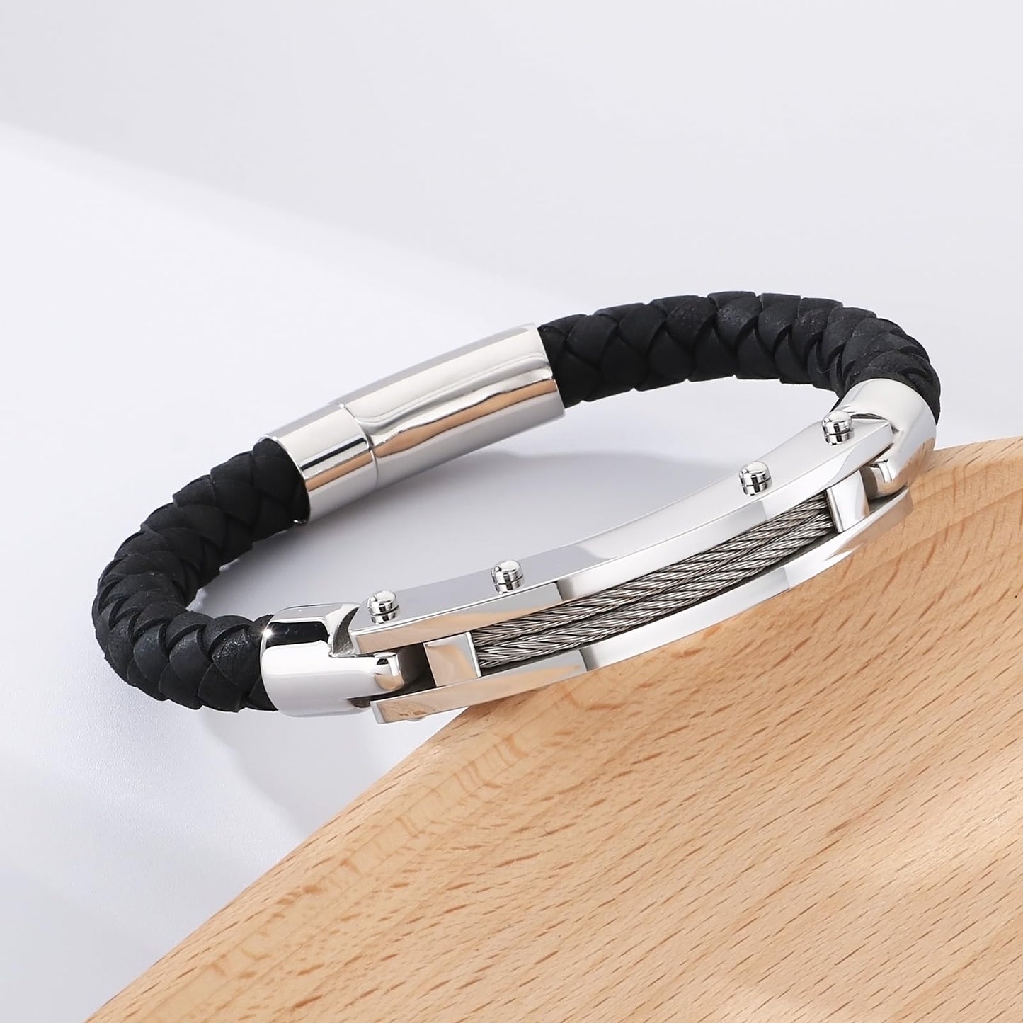 Azubpi Black Braided Leather Bracelet for Men, Stainless Steel Push-In Clasp Casual Fashion Jewelry Gift for Him