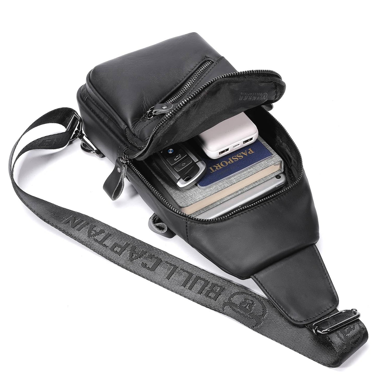 Leather Sling Bag for Men Crossbody Backpack with USB Charging Port Casual Daypack for Hiking Shoulder & Chest Bag Purse (Black)