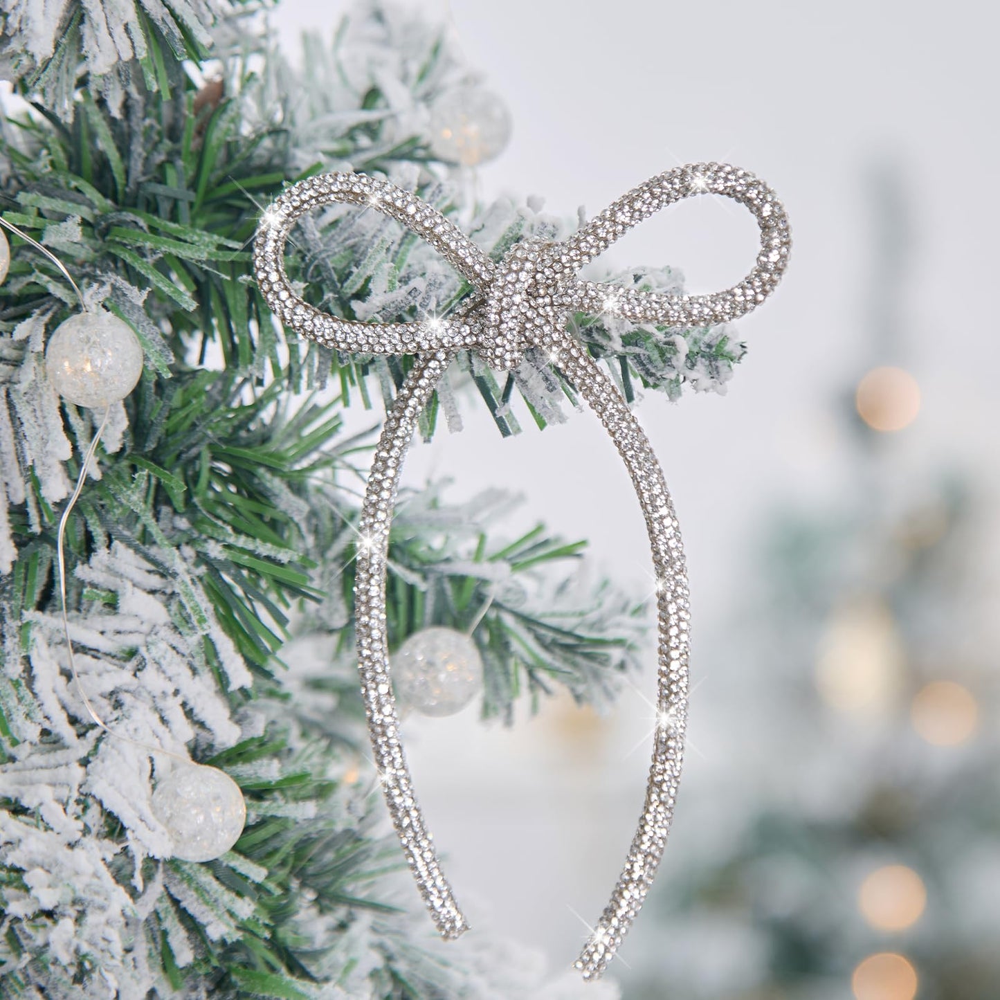 6 Pcs 4.3" x 6" 2026 Christmas Bows for Tree Decor, Silver Sparkly Glitter Rhinestone Bow Ornaments with Twist Tie for Xmas Decoration, Wreath, Garland, Gift Wrapping