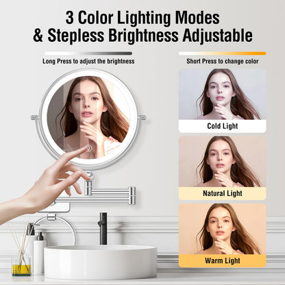 Lighted Makeup Mirror, Rechargeable Height Adjustable Double Sided, 1x/10x Magnifying with 3 Color, Brightness Adjustable, 360° Rotation Vanity, Gift for Women