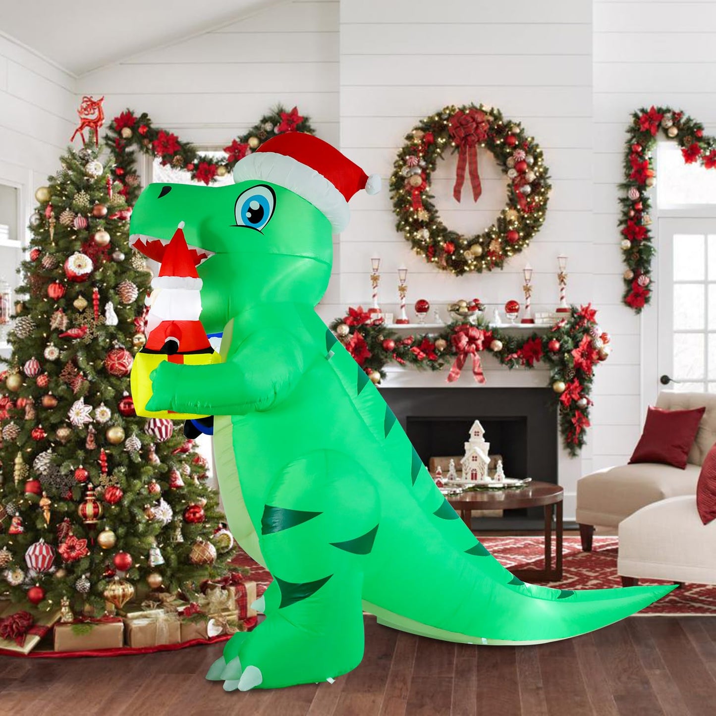 Vipush 8 FT Christmas Inflatable Decorations Dinosaur Christmas Decorations Outdoor Inflatable with LED Light, Outdoor Holiday Decor Blow Up Yard Decor