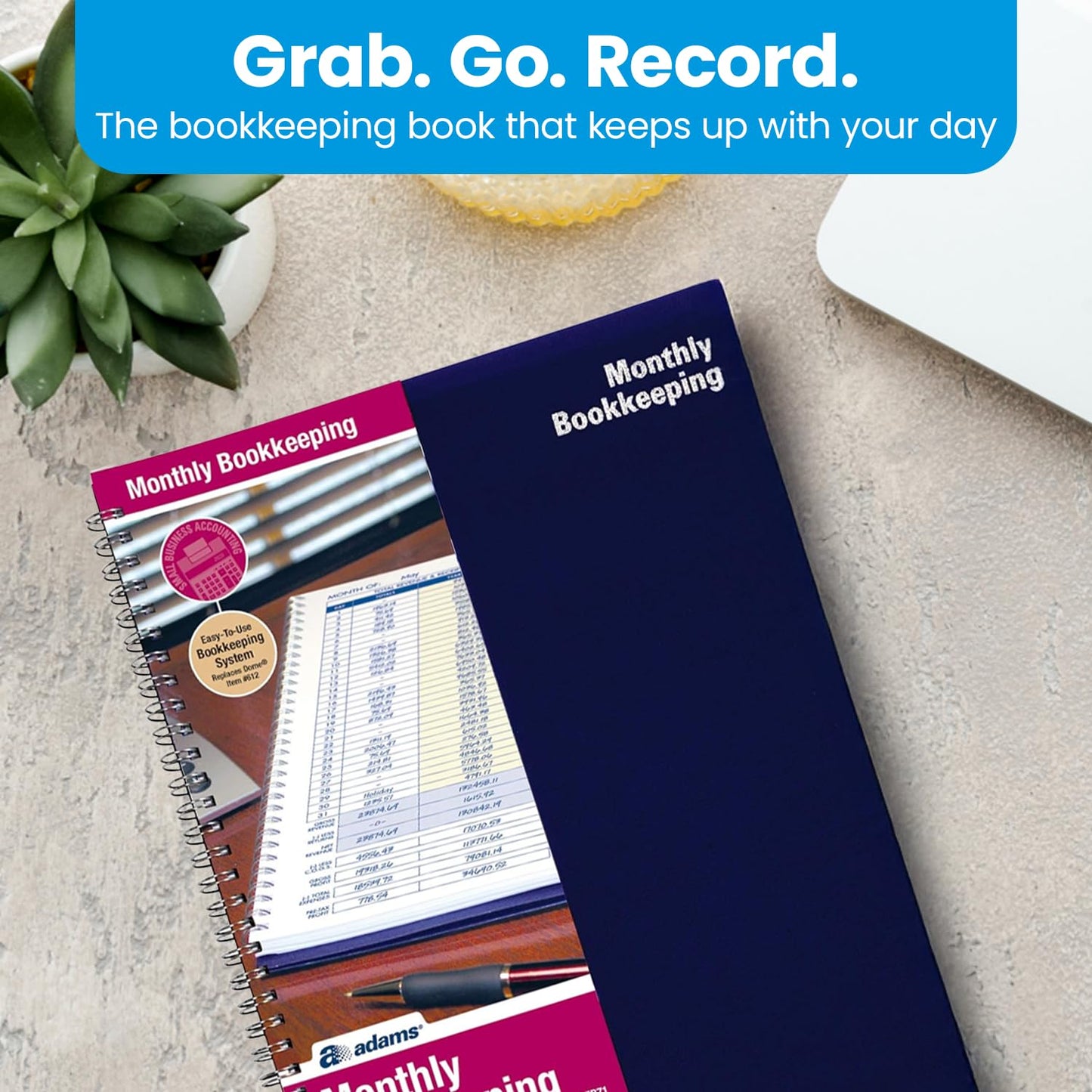 Adams Monthly Bookkeeping Record Book - 8.5" x 11" Spiral Bound 4 Column Ledger 128 Pages - Undated Accounting Ledger Book for Small Business, Payroll, Budget Tracking - Durable Poly Cover - 1 Unit