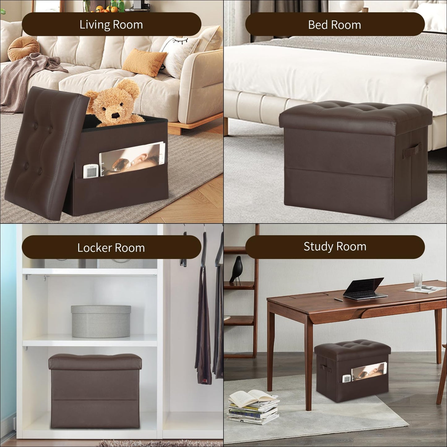 BelugaHelper Storage Ottoman Foot Rest Stool, Foldable Leather Footstool Storage Bench with Thicker Foam Padded Seat. Foot Rest Under Desk for Living Room Bedroom 350 lbs, 17x13x13 in, Brown