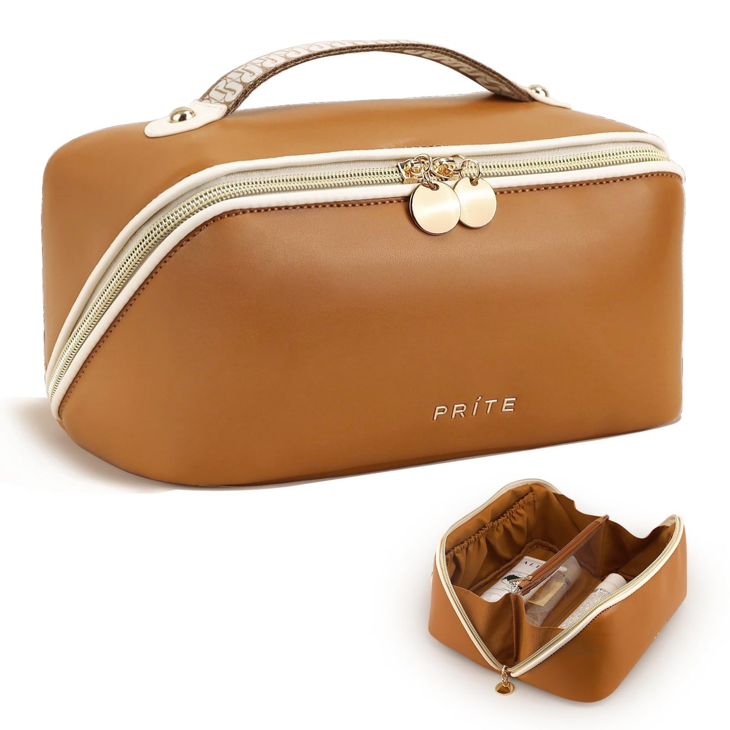 Prite Makeup Bag for Women Travel Waterproof Vegan Leather Cosmetic Bag Open Flat Toiletry Bag With Clear Divider and Handle (New Brown, Medium)